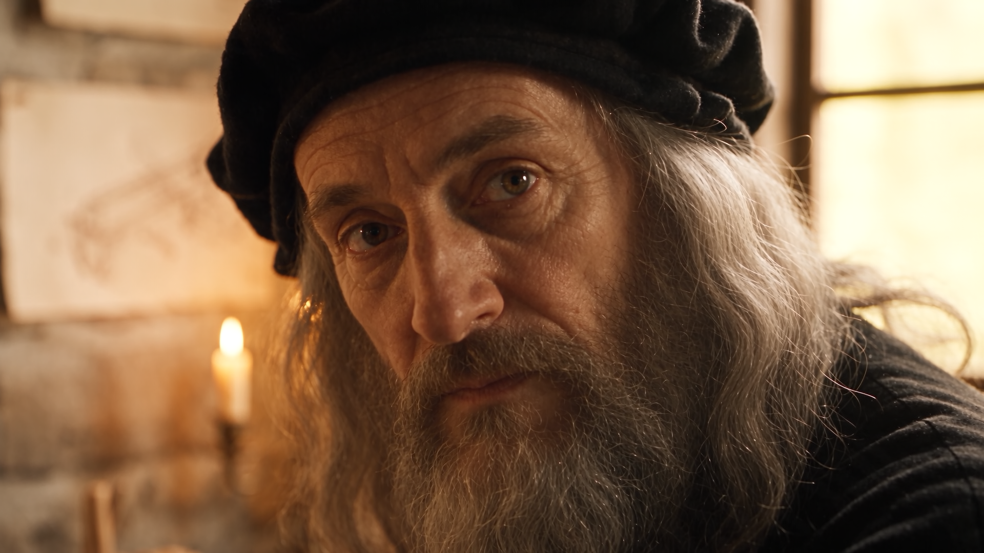 Schlussbild des Films: Leonardo dreht sich zum Besucher und blickt ihn an